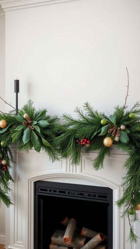 A beautifully decorated mantle with natural greenery swags, featuring pine, berries, and ornaments.
