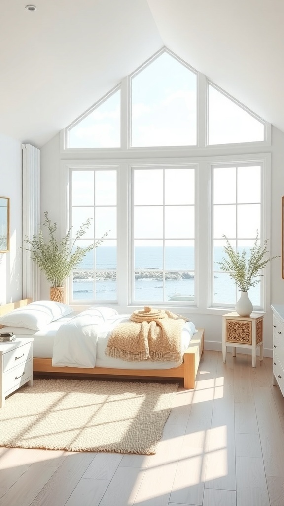 Bright coastal bedroom with large windows, a cozy bed, and plants