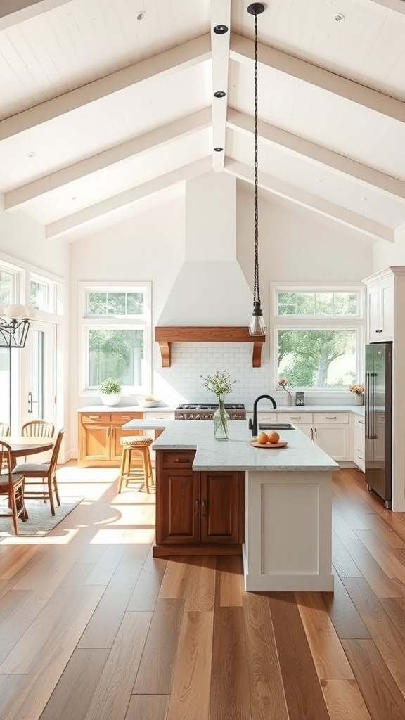 A bright and airy luxury farmhouse kitchen with large windows and high ceilings.