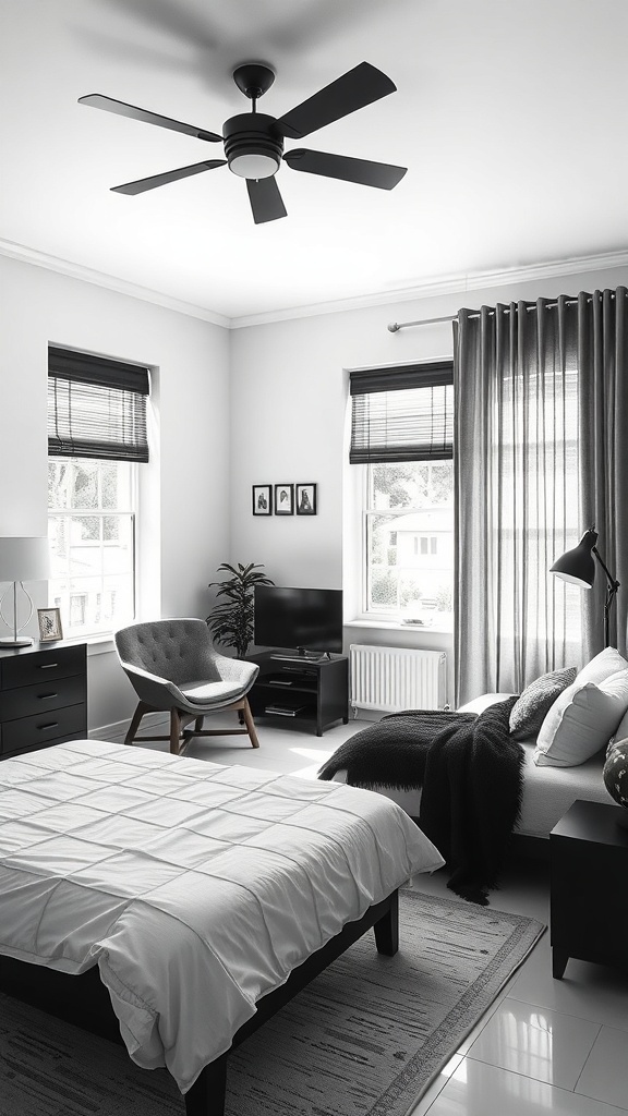 A stylish black and white bedroom with natural light, featuring a bed, chair, and decor.