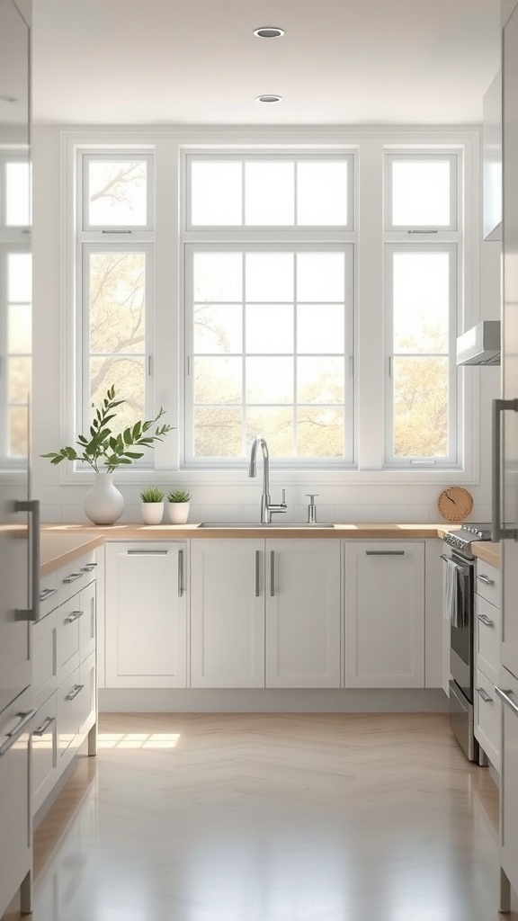 A bright and minimalist kitchen with large windows and simple decor.