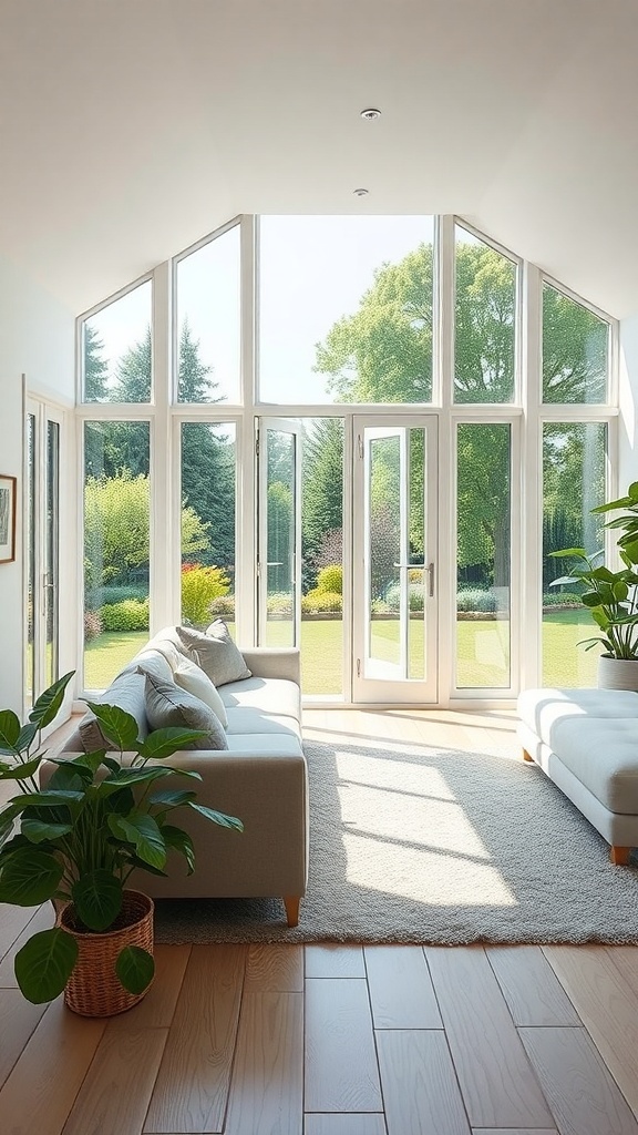 Bright and airy living room with large windows overlooking a garden