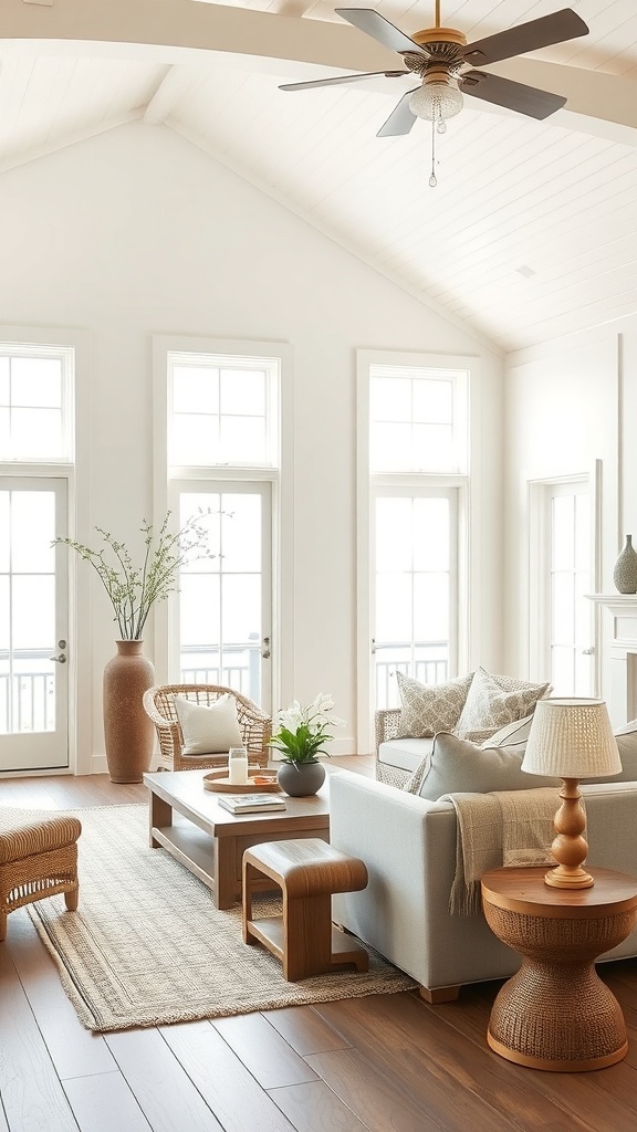 Bright and airy coastal farmhouse living room with large windows
