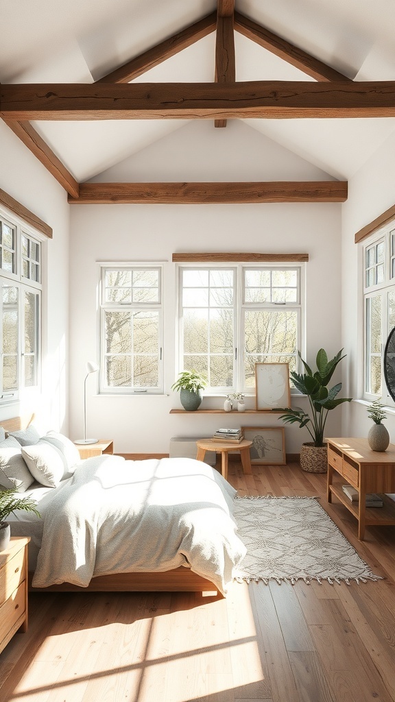 A rustic modern bedroom with large windows allowing natural light to fill the space.