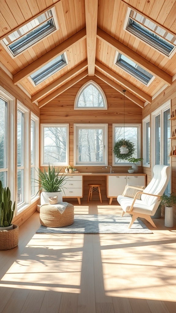 Interior of a tiny cabin with large windows and an open layout, featuring wooden walls and plants.