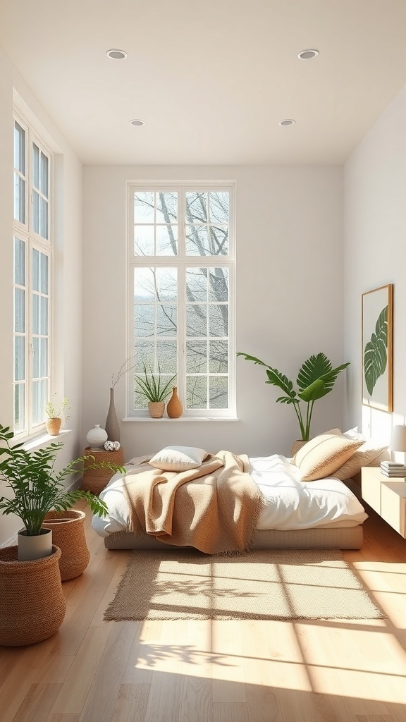 A bright, airy bedroom with large windows, plants, and earthy decor.
