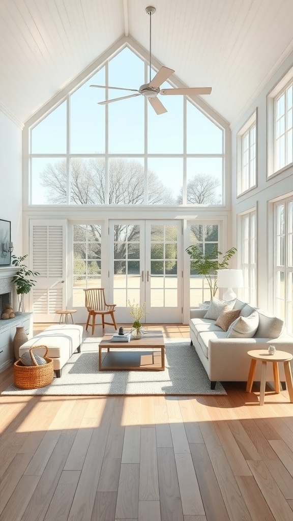 Bright and airy farmhouse living room with large windows and natural light.