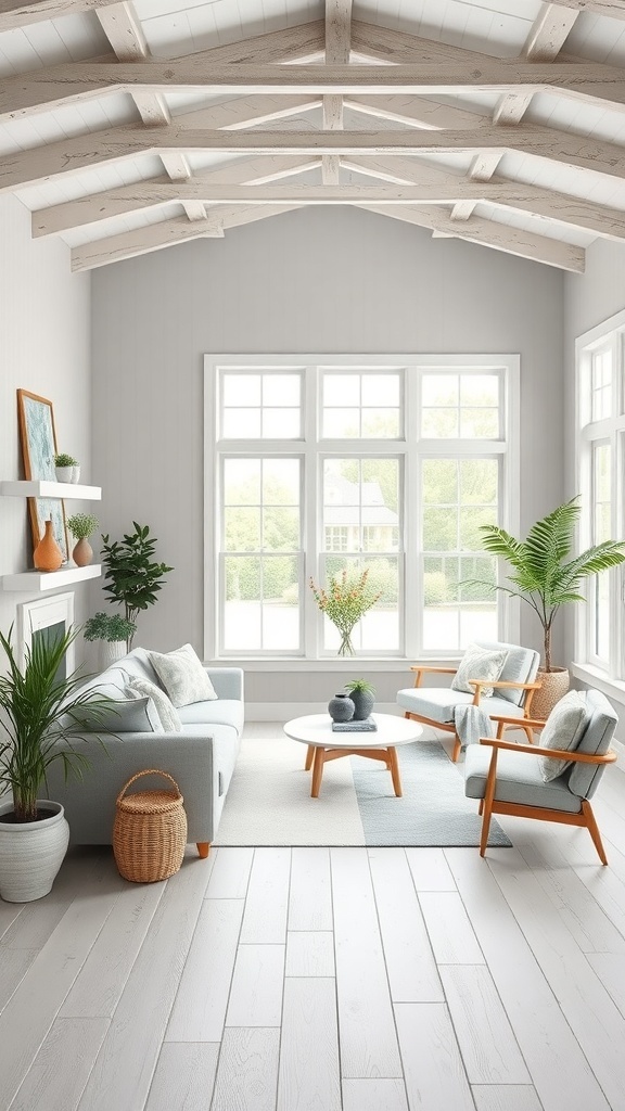 Bright and airy grey farmhouse living room with large windows and cozy furniture.
