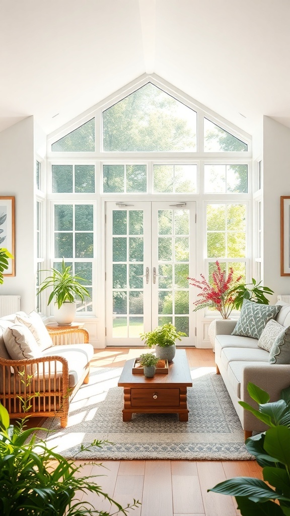 Bright cottage living room with large windows and plants.