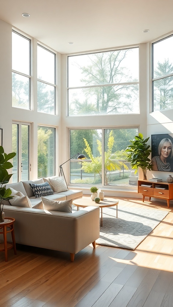 Cozy modern farmhouse living room with large windows and natural light