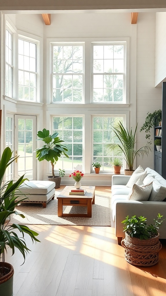 Cozy farmhouse living room with large windows, plants, and bright sunlight.