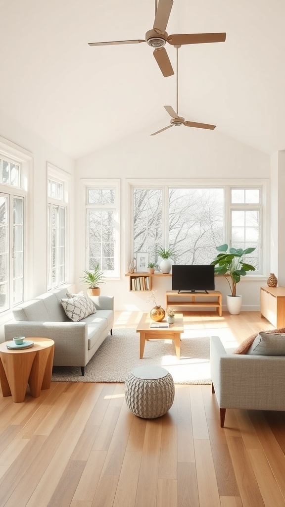 Bright and airy modern cottage living room with large windows and comfortable seating.