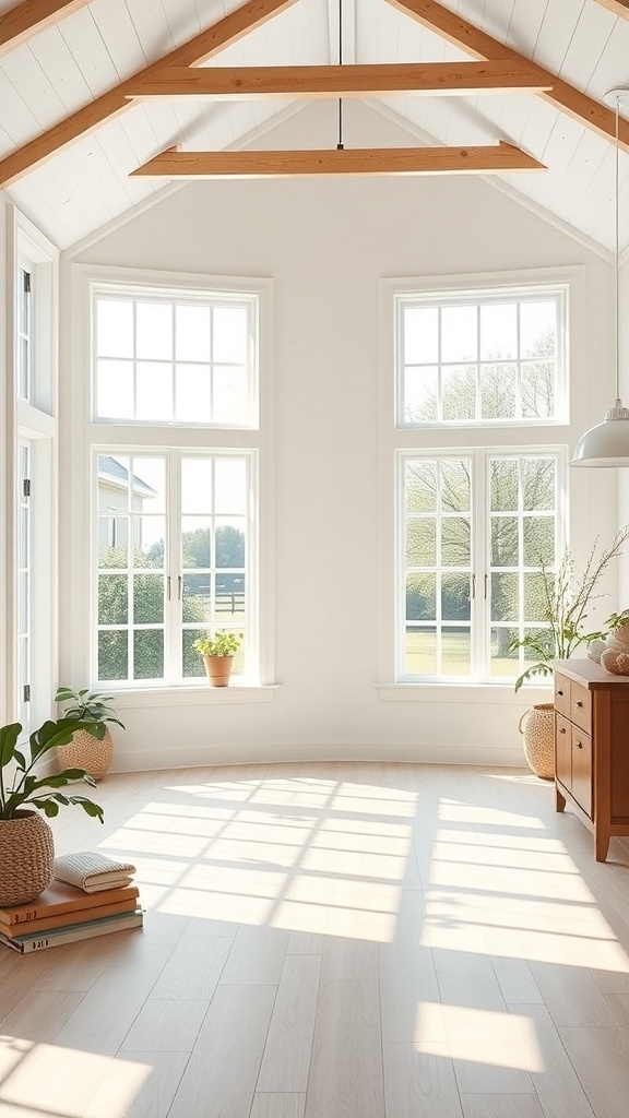 A bright room with large windows, wooden beams, and plants, showcasing modern farmhouse lighting.