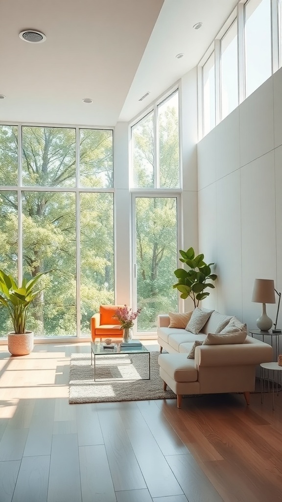 Bright and airy farmhouse living room with large windows and simple furniture.