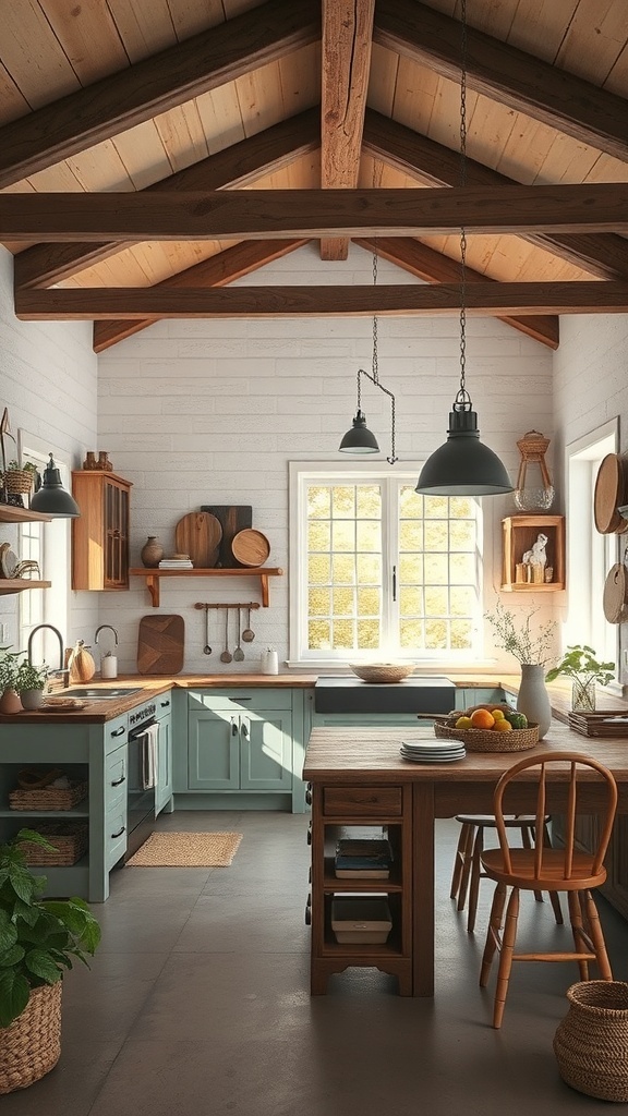 A rustic country kitchen with natural light and open spaces, featuring wooden beams, light-colored cabinets, and a cozy atmosphere.