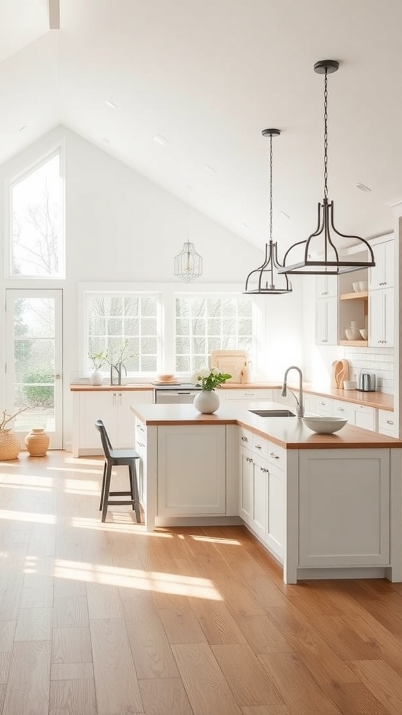 Bright modern farmhouse kitchen with large windows and wooden accents