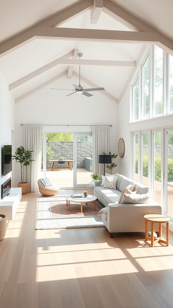 A modern cottage living room with large windows, bright sunlight, and an open layout.