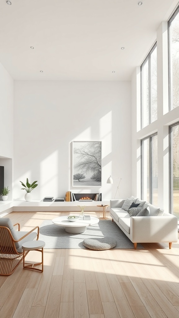 A bright and airy living room with large windows, light wood flooring, and soft neutral decor.