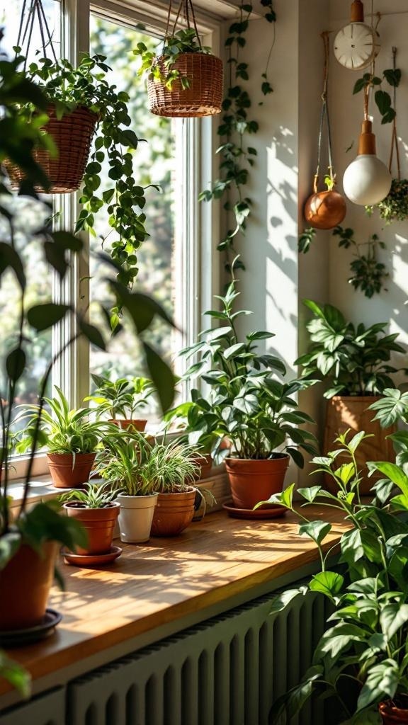 A bright kitchen nook filled with various potted plants and hanging greenery by the window.