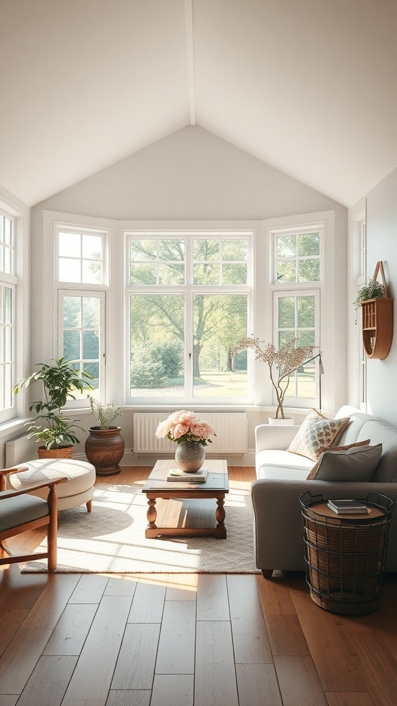 A bright country cottage living room with large windows showcasing scenic views of nature.