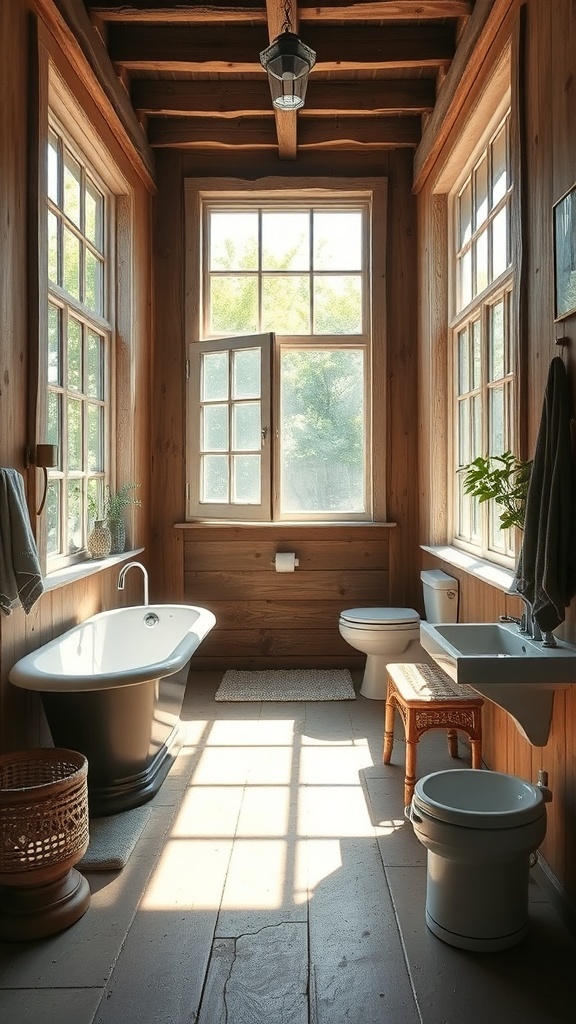 A rustic bathroom with large windows allowing natural light and fresh air.