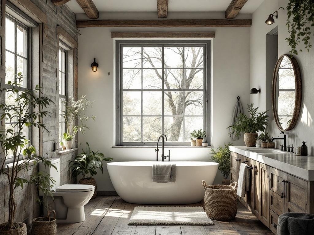 A rustic bathroom featuring large windows, natural light, plants, and wooden elements.