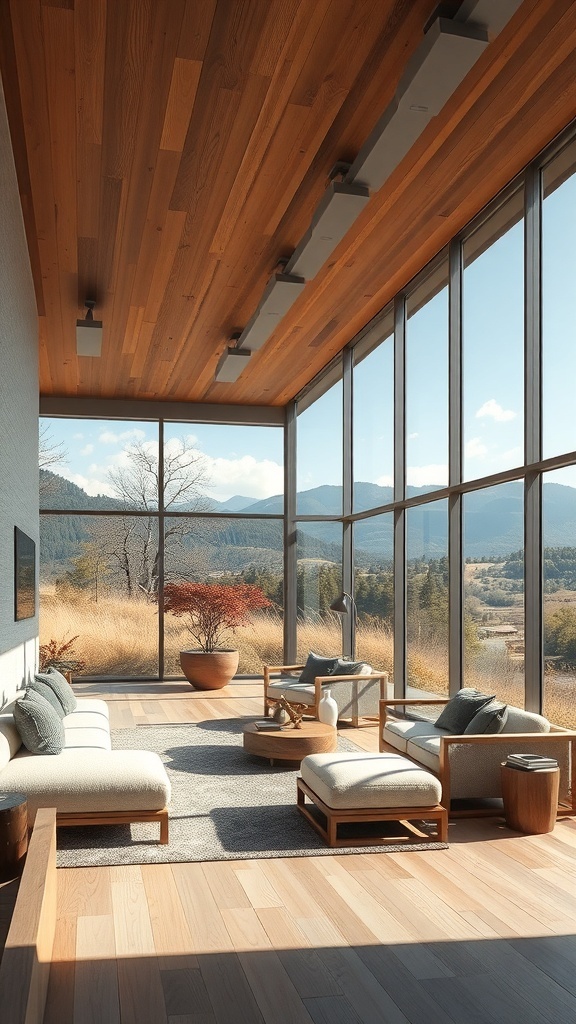 A rustic living room with large windows showcasing beautiful natural views.