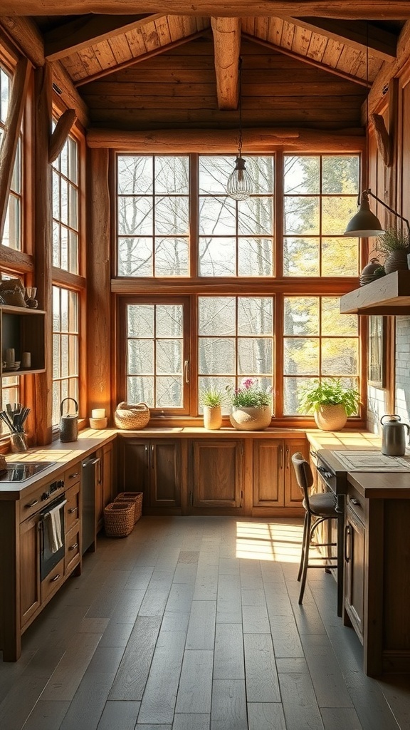 Rustic kitchen with large windows allowing natural light and views of nature.