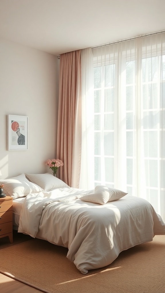A cozy teen girl bedroom with large windows, sheer curtains, and soft pink drapes.