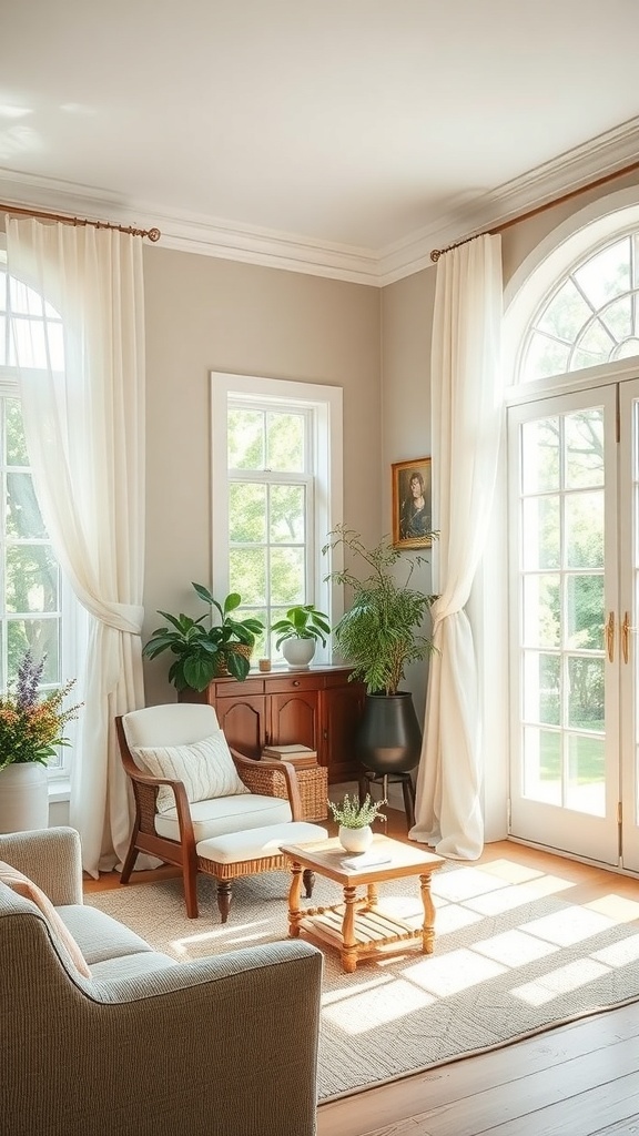 A cozy French cottage living room with large windows, soft curtains, and natural light.