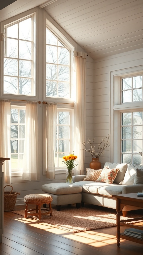 Bright and airy small farmhouse living room with large windows and light curtains.