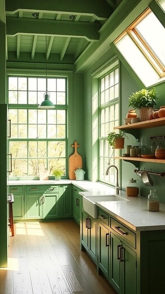 Bright green farmhouse kitchen with large windows and skylights
