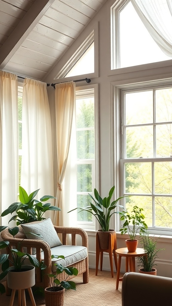 Bright and airy small cottage living room with large windows and plants