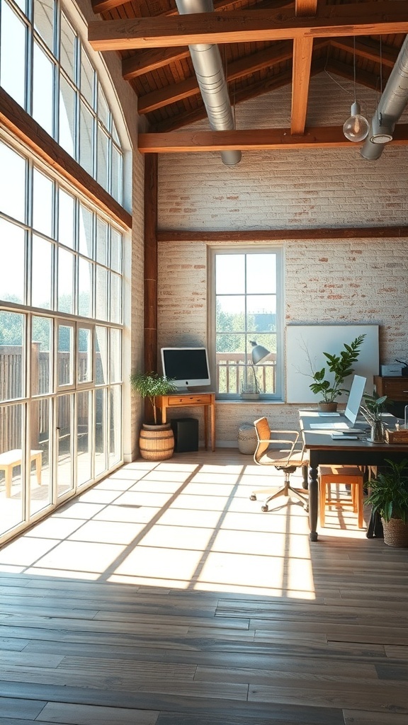 A rustic office with large windows allowing natural light to fill the space.