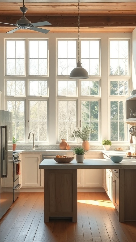 A rustic kitchen with large windows allowing natural light to fill the space.