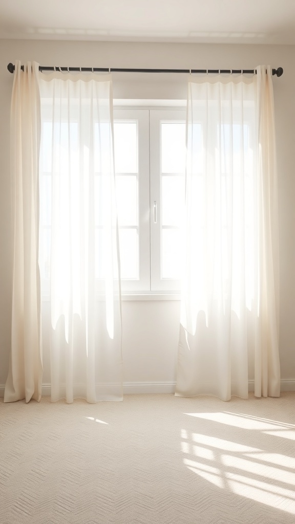 Bright bedroom with sheer curtains allowing natural light to flow in.