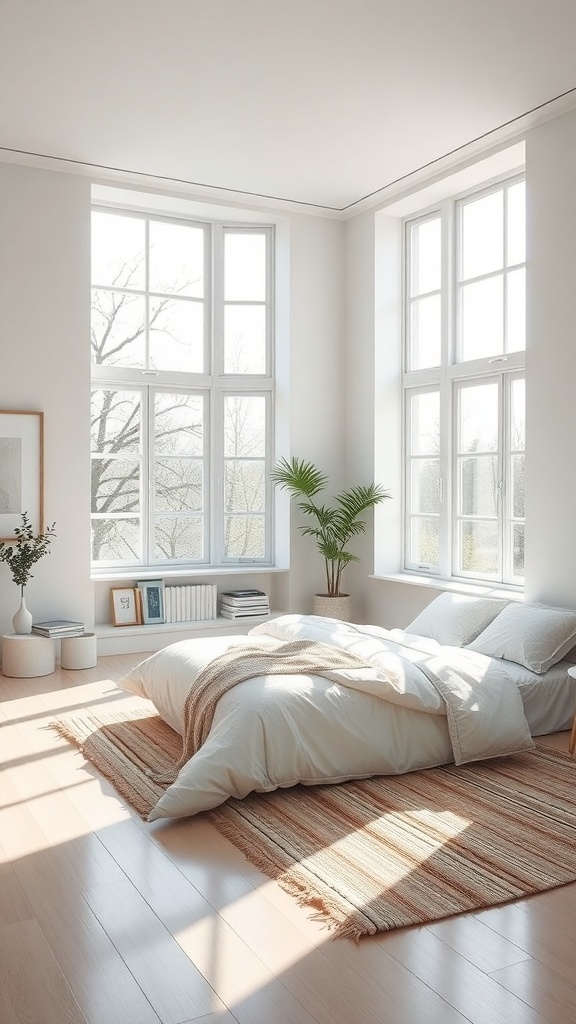 A minimalist bedroom with large windows allowing natural light to fill the space.