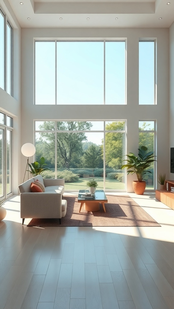 Bright living room with large windows and earthy decor