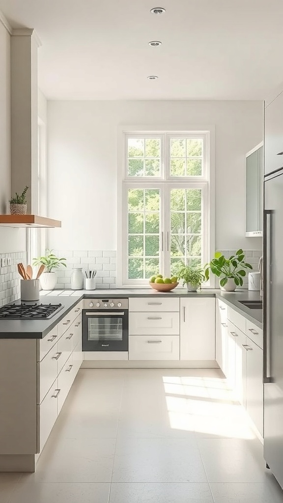 Bright kitchen with large windows, neutral colors, and plants