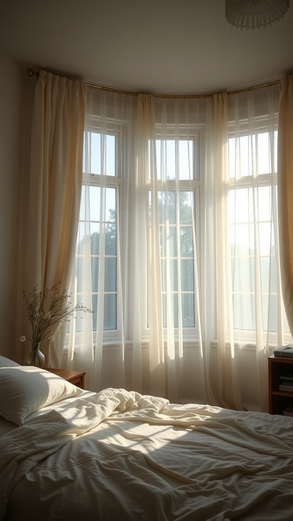 A softly lit bedroom with sheer curtains allowing natural light to filter in.