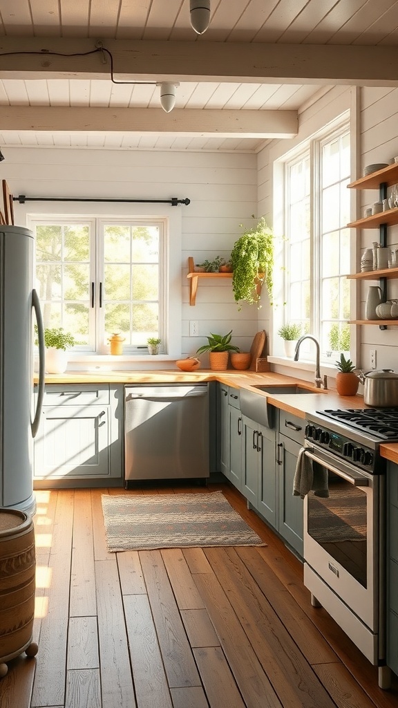 A bright and cozy farmhouse kitchen with large windows, wooden accents, and plants.