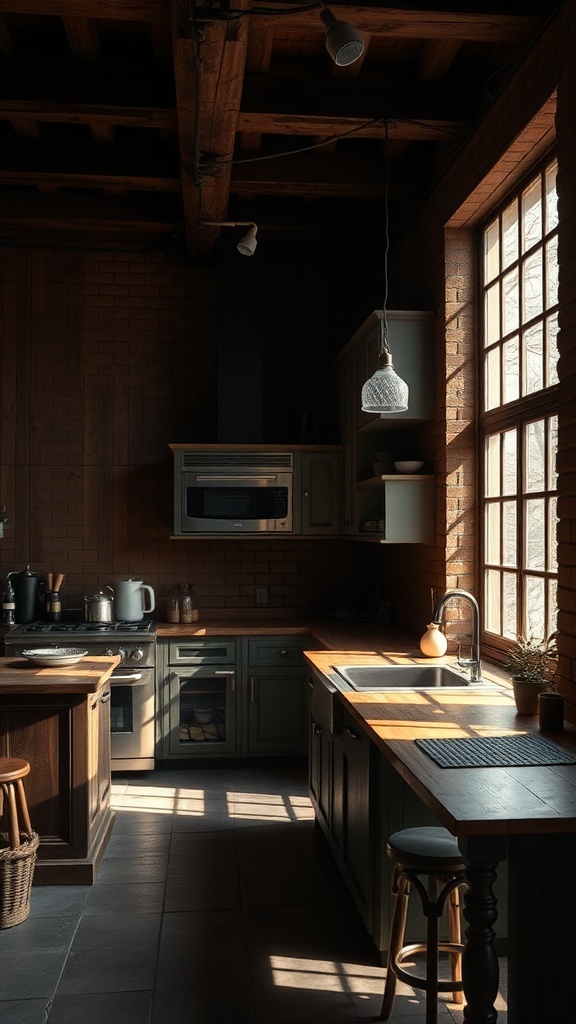 A dark rustic kitchen with natural light streaming through large windows, illuminating wooden cabinets and countertops.
