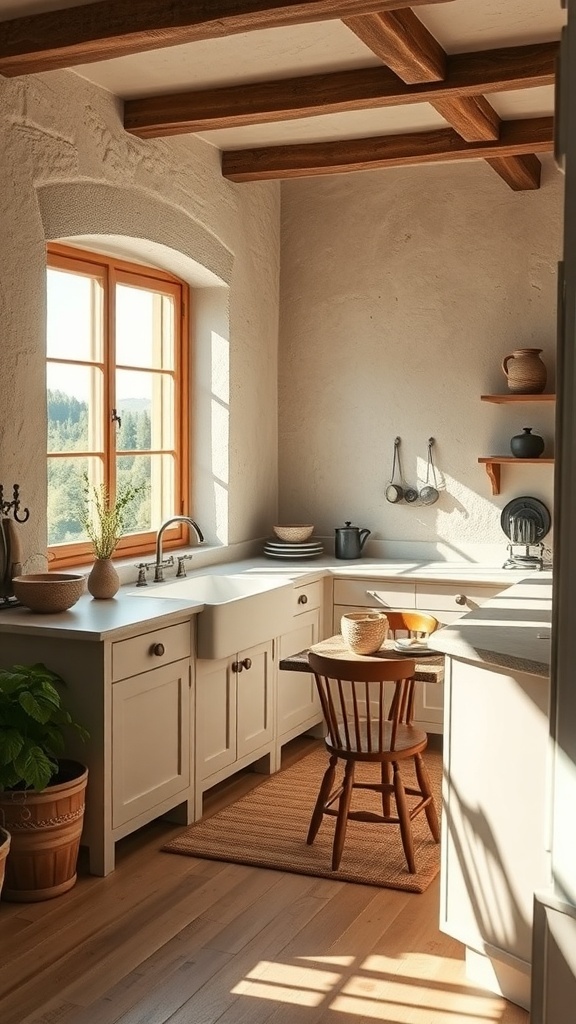 Bright Italian farmhouse kitchen with wooden beams and large windows