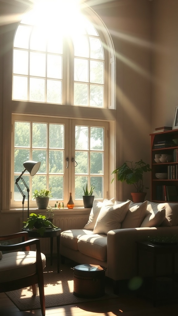 Cozy living room with sunlight streaming through paned windows, featuring plants and comfortable seating.