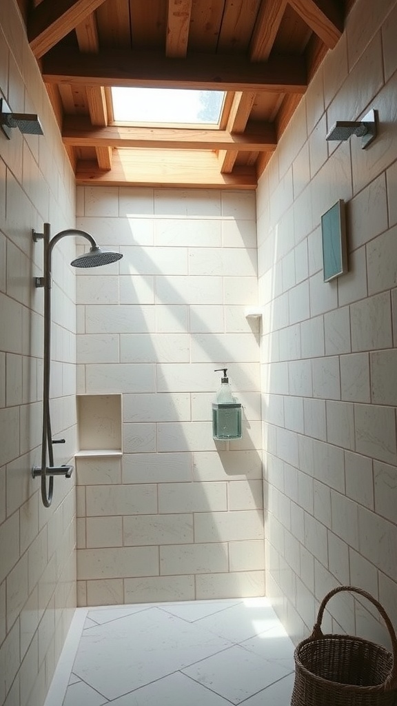 Rustic bathroom shower with skylight and natural light.