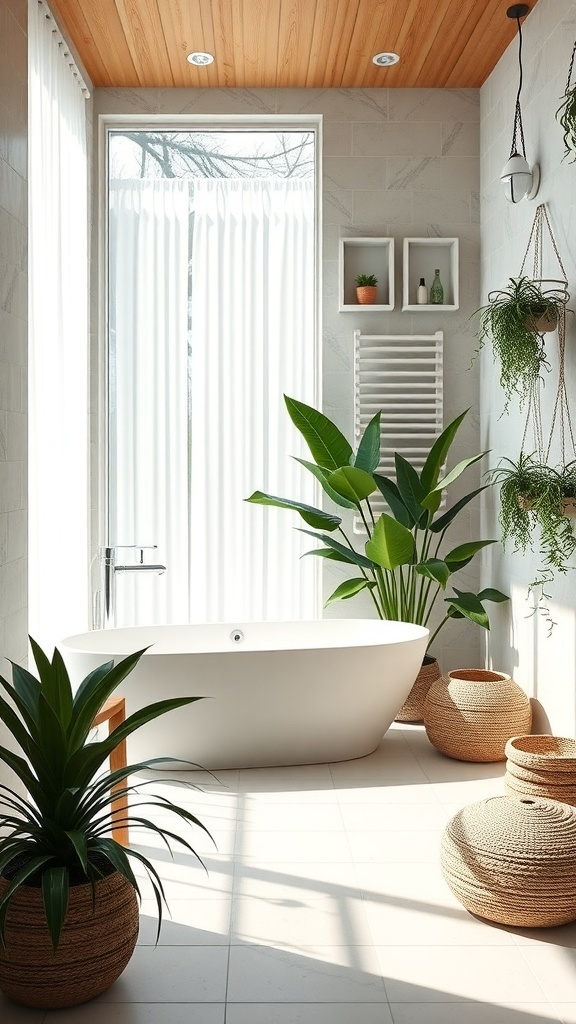 Bright spa bathroom with large windows, plants, and a modern bathtub.