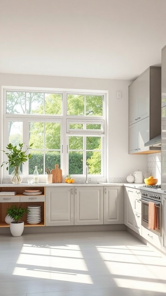Bright and airy modern farmhouse kitchen with large windows and natural light.