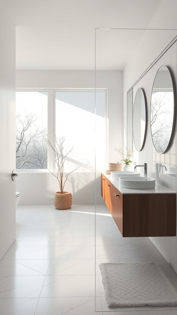 A bright and minimalist bathroom with large windows and natural light.