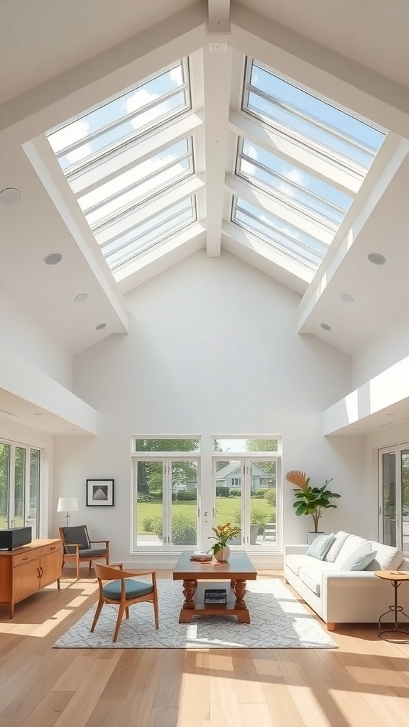Bright living room with skylights and modern furniture.