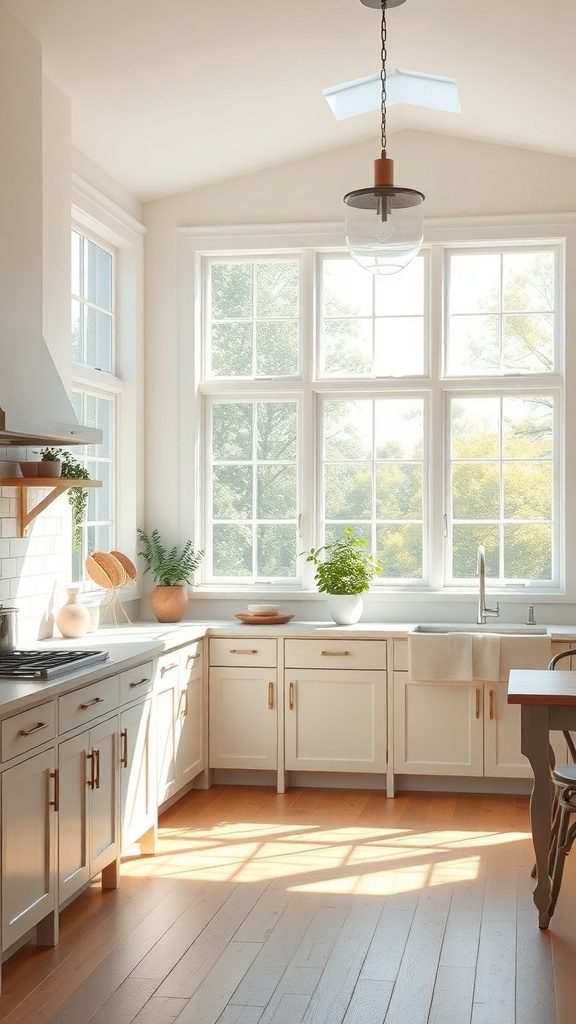 Bright farmhouse kitchen with large windows and natural light.